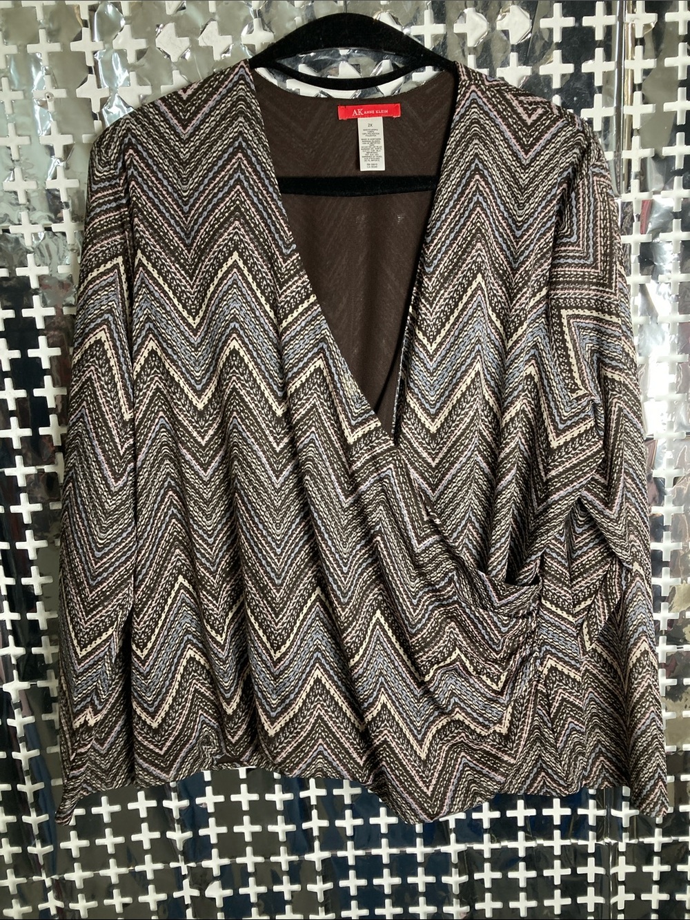 Anne Klein Chevron Wrap-Front Blouse in Brown and Cream